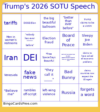 Trump's 2026 SOTU Speech Bingo Card 2