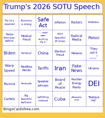 Trump's 2026 SOTU Speech Bingo Card
