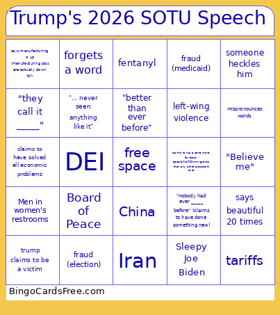 Trump's 2026 SOTU Speech Bingo Card