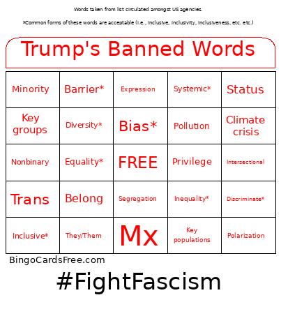 Trump's Banned Words Bingo Card