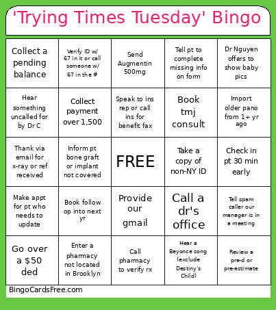 'Trying Times Tuesday' Bingo Card