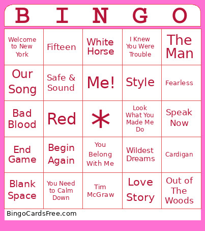 Tswift Bingo Card