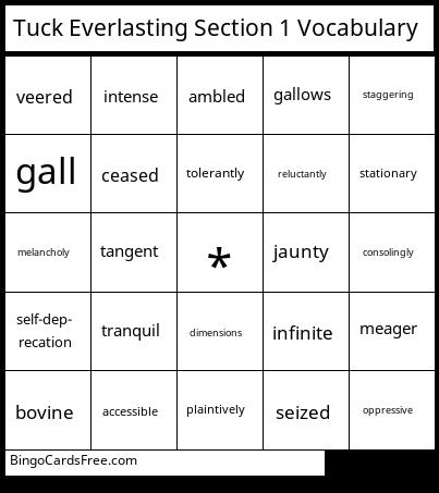 Section 1 Vocabulary Bingo Cards Free Pdf Printable Game, Title: Tuck Everlasting Section 1 Vocabulary