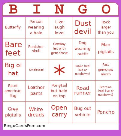 Tucson Gem Show Bingo Card