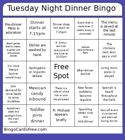 Tuesday Night Dinner Bingo Card