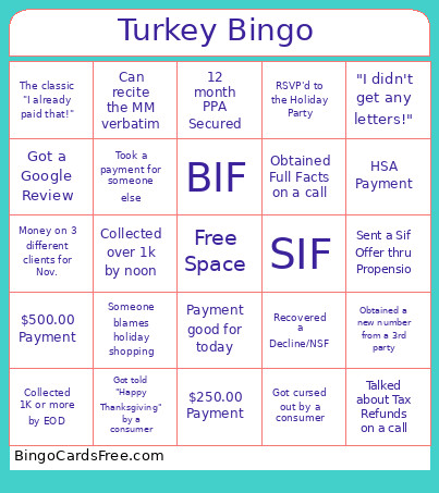 Turkey Bingo Card