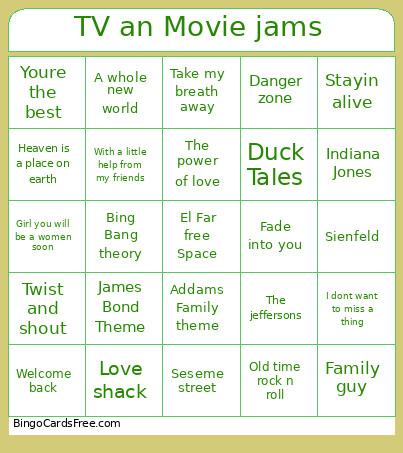 TV An Movie Jams Bingo Card