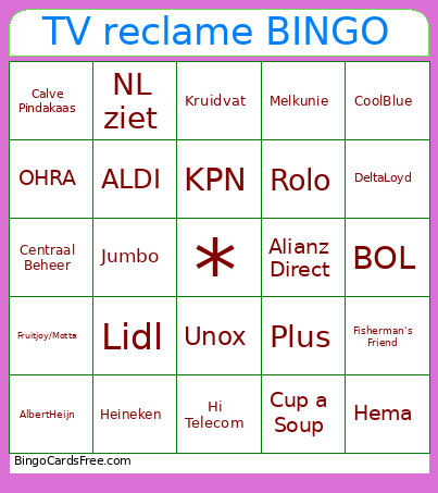 TV Reclame Bingo Card