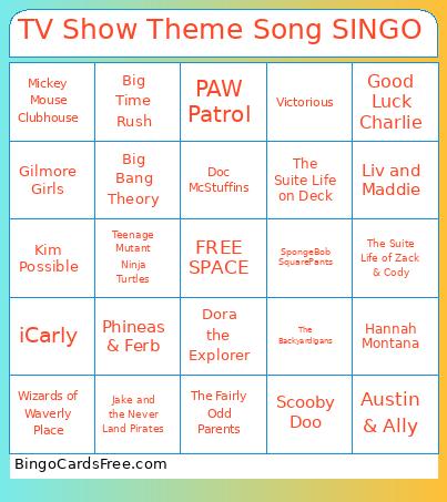 TV Show Theme Song SINGO Bingo Card