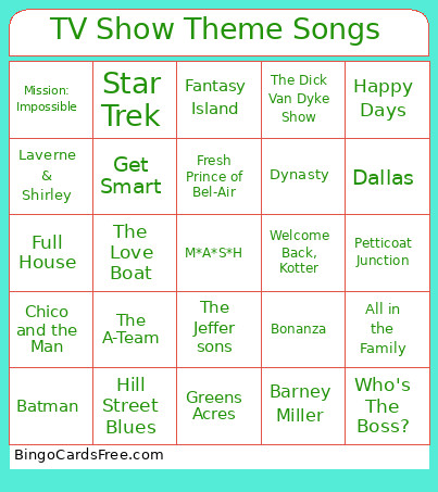 TV Show Theme Songs Bingo Card