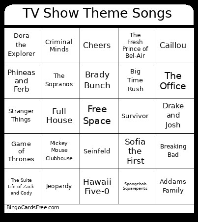 TV Show Theme Songs Bingo Card