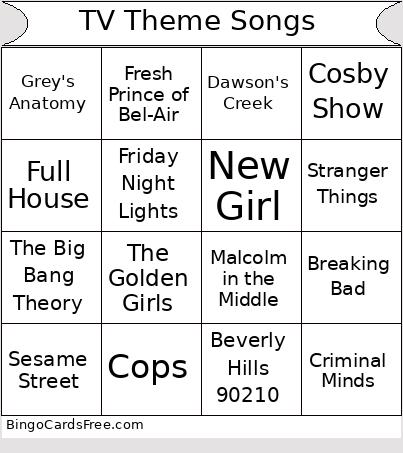 TV Theme Songs Bingo Cards Free Pdf Printable Game, Title: TV Theme Songs