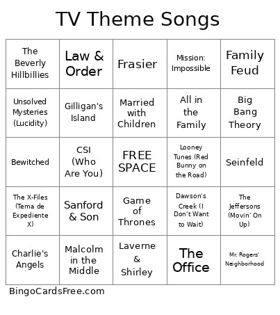 TV Theme Songs Bingo Card