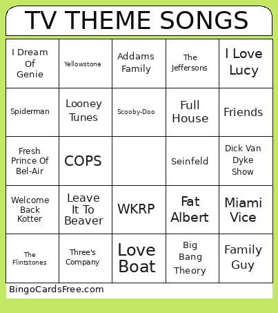 TV THEME SONGS Bingo Card