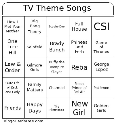 TV Theme Songs Bingo Card