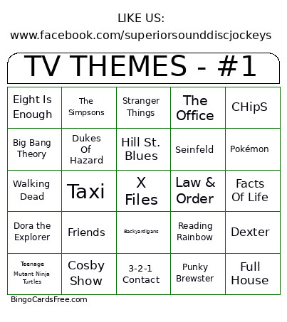 TV THEMES - #1 Bingo Card