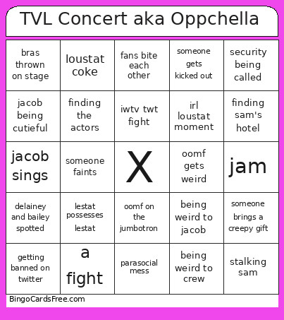 TVL Concert Aka Oppchella Bingo Card