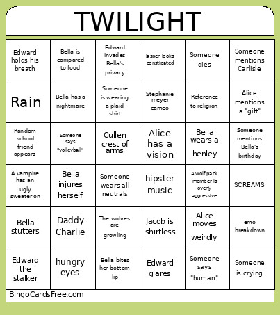 Twilight Bingo Card