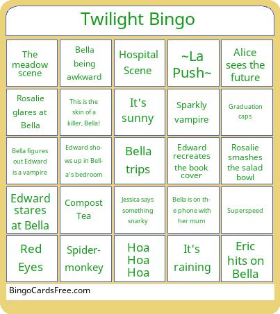 Twilight Bingo Cards Free Pdf Printable Game, Title: Twilight Bingo