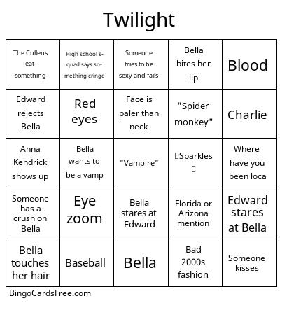 Twilight Bingo Cards Free Pdf Printable Game, Title: Twilight