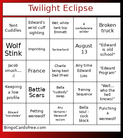 Twilight Eclipse Bingo Card