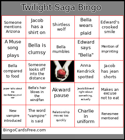 Twilight Saga Bingo Card