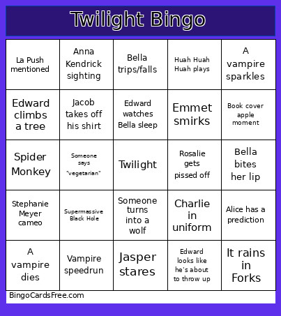 Twilight Watch Party Bingo Card