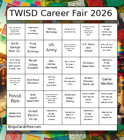 TWISD Career Fair 2026 Bingo Card