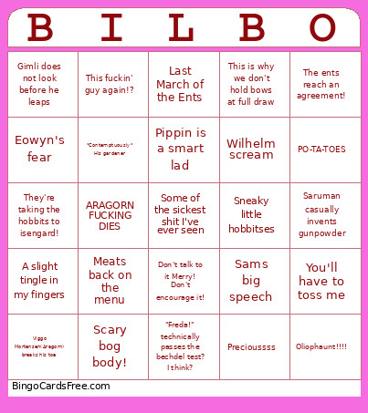 Two Towers Bilbo Bingo Card