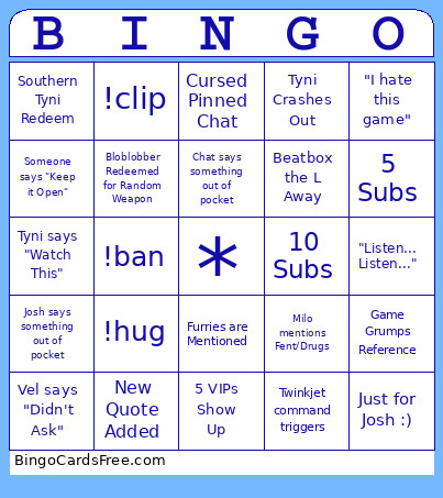Tyni-Stream Bingo Card