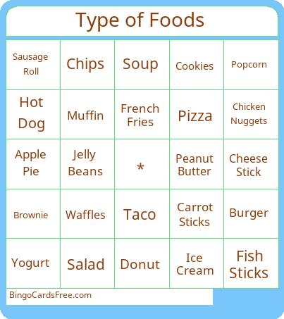 Type of Foods Bingo Cards Free Pdf Printable Game, Title: Type of Foods