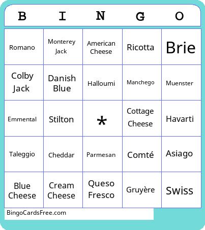 Types of Cheese Bingo