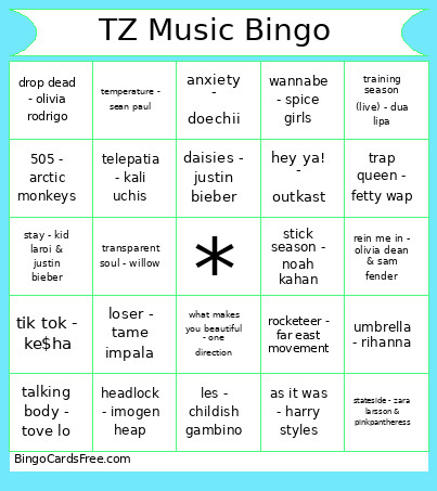 TZ Music Bingo Card