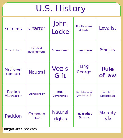 U.S. History Bingo Card