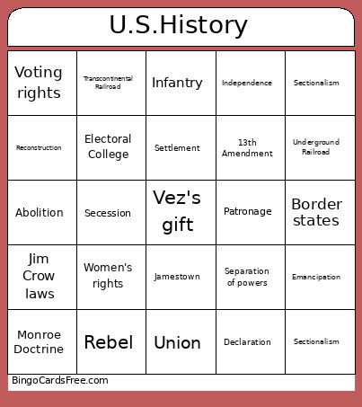 U.S.History 8th Grade Bingo Card