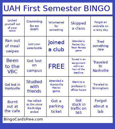 UAH First Semester Bingo Card