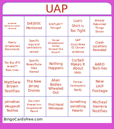 UAP Hearing Bingo Card