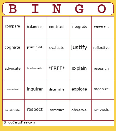 UBMS 50 Words Bingo Card