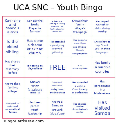 UCA Samoan National Conference – Youth Bingo Card