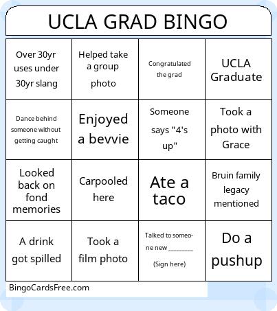 UCLA GRAD BINGO Cards Free Pdf Printable Game, Title: UCLA GRAD BINGO