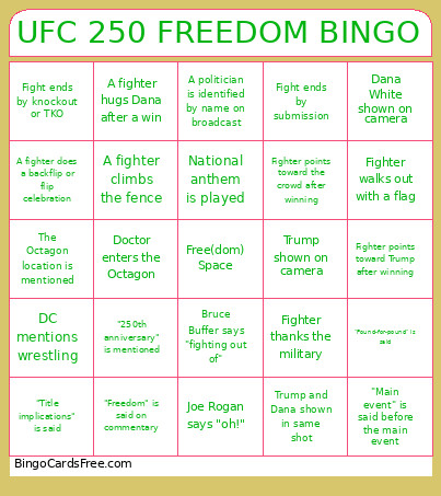 UFC 250 DOM Bingo Card