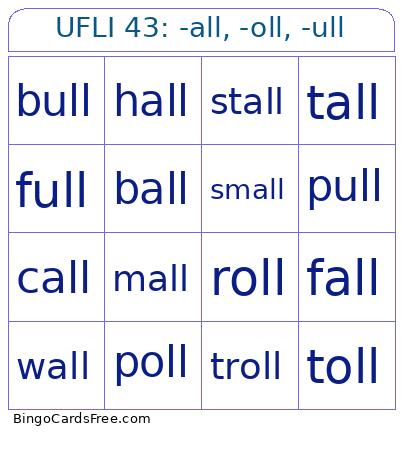 UFLI 43: -all, -oll, -ull Bingo Card