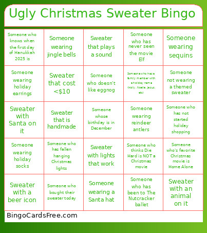 Ugly Christmas Sweater Party Bingo Card