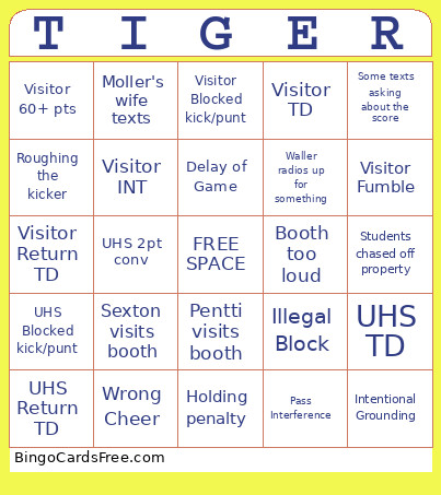 UHS Football Bingo Card