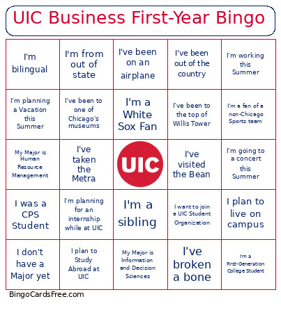 UIC Business First-Year Bingo Card