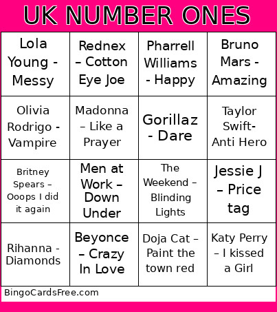 Uk Number Ones Bingo Card