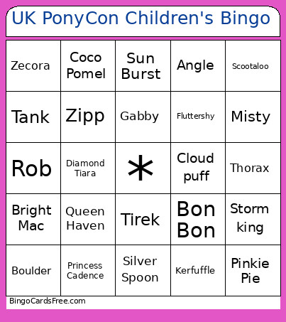 UK PonyCon Children's Bingo Card