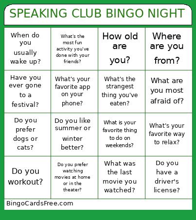 Çukurova English Speaking Club Bingo Card