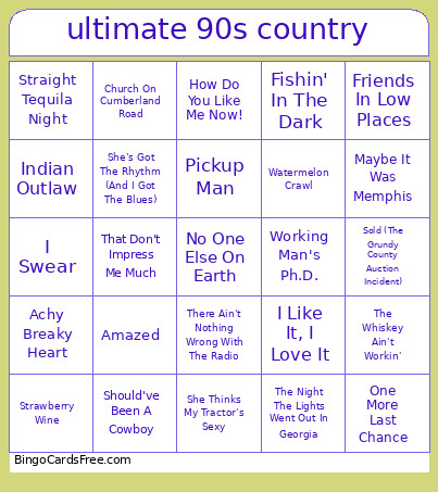 Ultimate 90s Country (50) Bingo Card