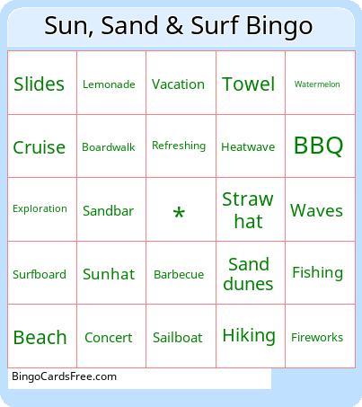 Ultimate Beach Fun Bingo Cards Free Pdf Printable Game, Title: Sun, Sand & Surf Bingo